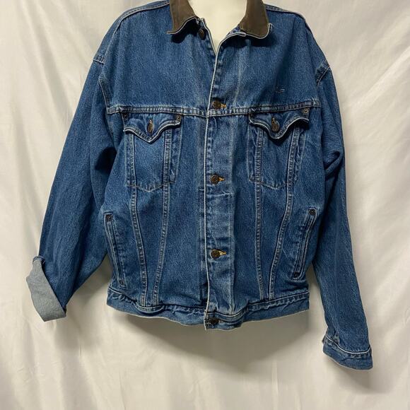 ID Wear Jacket Denim Leather Collar Size L Trucker Jacket Embroidered Wolf - Picture 1 of 12
